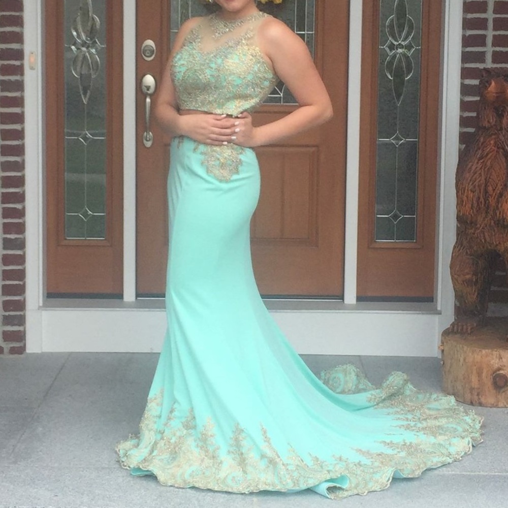 Teal and Gold prom dress w/ bustle tailored - Picture 2 of 3